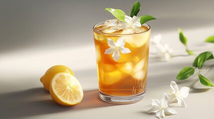 Fototapeta premium Refreshing iced tea with lemon and flowers, captured in soft light, evoking a serene and inviting mood.