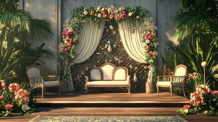 A beautifully decorated floral backdrop with elegant seating, perfect for a romantic or special event.