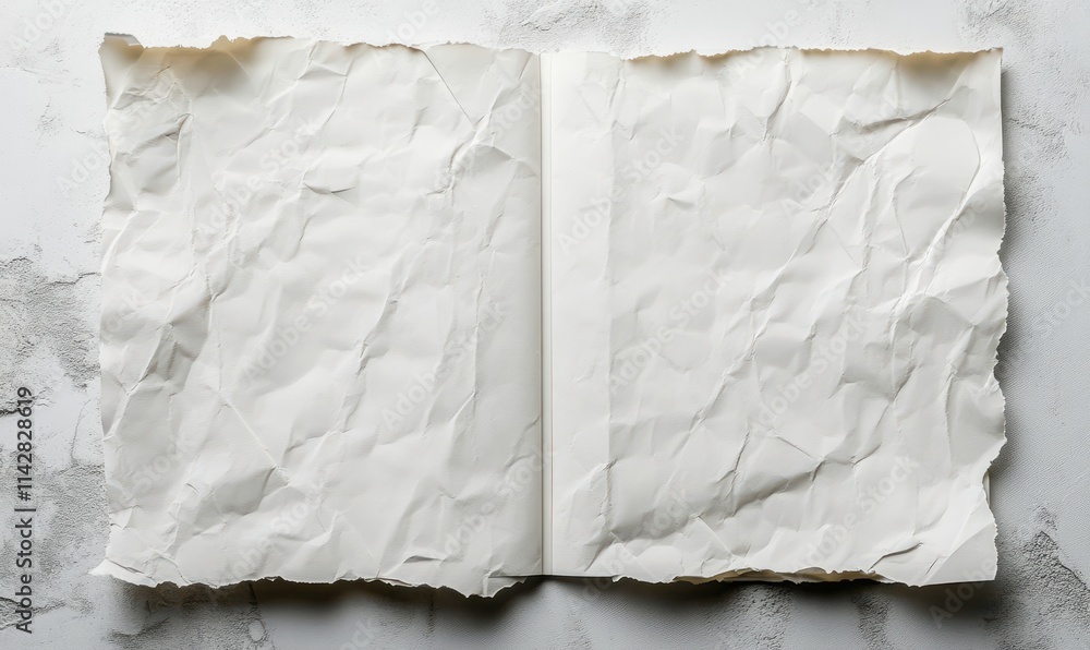 Poster crumpled blank pages of an open notebook on a textured background perfect for creative projects, jou