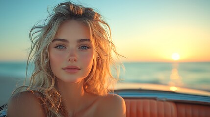 Naklejka premium stunning girl with soft blonde curls, sitting in a vintage car parked along the ocean, sunset on the horizon 