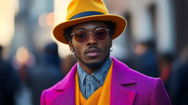A man wearing a yellow hat and sunglasses stands in front of a crowd of people