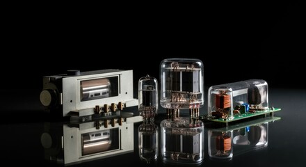 Vintage electronic vacuum tubes and circuit boards on reflective surface