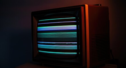 Obraz premium Retro television with static screen glowing in dark room