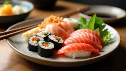 A close-up of an artful sushi platter with nigiri, sashimi, and maki rolls, served with chopsticks and soy sauce on a minimalist plate