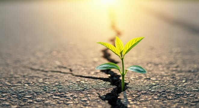 Green plant sprouting through cracked pavement, symbolizing growth and resilience