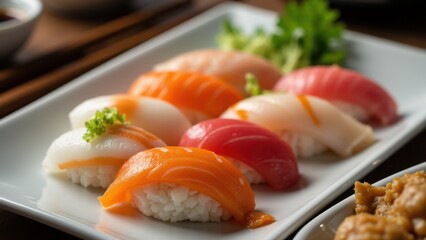 A close-up of an artful sushi platter with nigiri, sashimi, and maki rolls, served with chopsticks and soy sauce on a minimalist plate