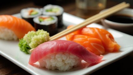 A close-up of an artful sushi platter with nigiri, sashimi, and maki rolls, served with chopsticks and soy sauce on a minimalist plate