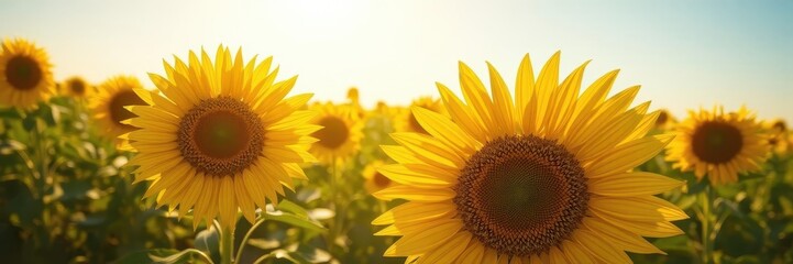 Fototapeta premium A vibrant yellow sunflower blooms brightly in a sun-drenched field, sunflower, leaves, natural