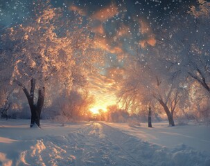 Majestic Winter Landscape at Sunset with Snow-Covered Trees and Glowing Sky, Capturing the Tranquility and Beauty of Nature in a Frosty Environment