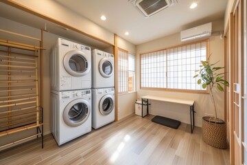 A well-lit laundry room with modern appliances