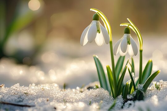 The first spring flowers snowdrops grow from under the snow. Early spring. Background, wallpaper, banner, poster.