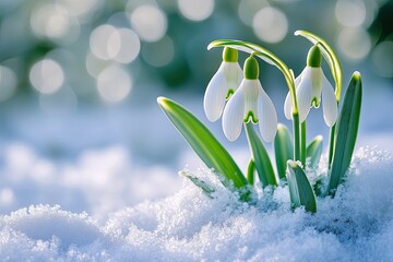 The first spring flowers snowdrops grow from under the snow. Early spring. Background, wallpaper, banner, poster.
