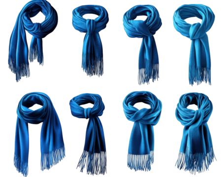 eight different ways to tie a blue scarf isolated on transparent background