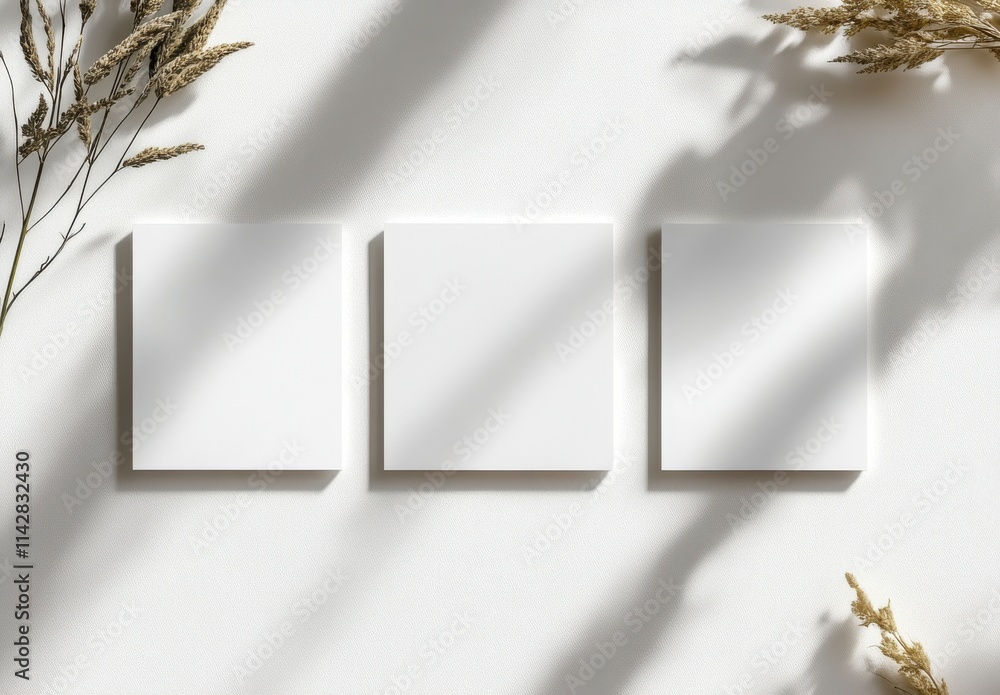 Aufkleber minimalist composition featuring three blank squares on a light background with natural elements and