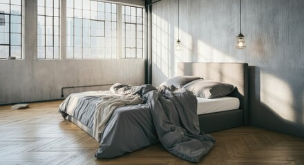 Modern bedroom with large windows, grey linens, industrial lighting, wooden floors