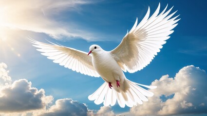 Obraz premium A Majestic White Dove of Peace Spreads Its Wings Gracefully, Radiating Purity, Hope, and Tranquility, Evoking a Universal Symbol of Harmony, Freedom, and New Beginnings