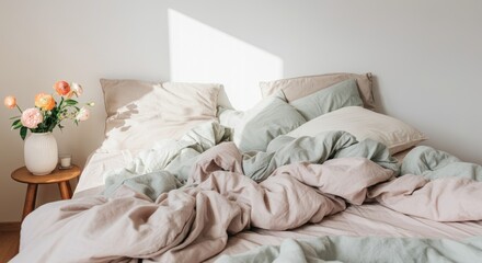 Sunlit unmade bed with crumpled linens and bedside flowers