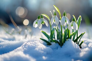 The first spring flowers snowdrops grow from under the snow. Early spring. Background, wallpaper, banner, poster.