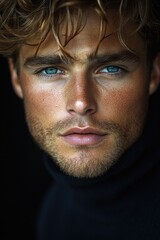 A detailed shot of a person's eye with a striking blue color