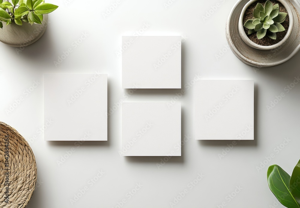 Poster minimalistic workspace with blank squares on a neutral surface surrounded by greenery and decorative
