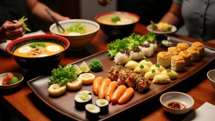 A lively scene of Eastern cuisine: bowls of ramen, trays of dim sum, and a variety of sushi rolls arranged for a shared dining experience