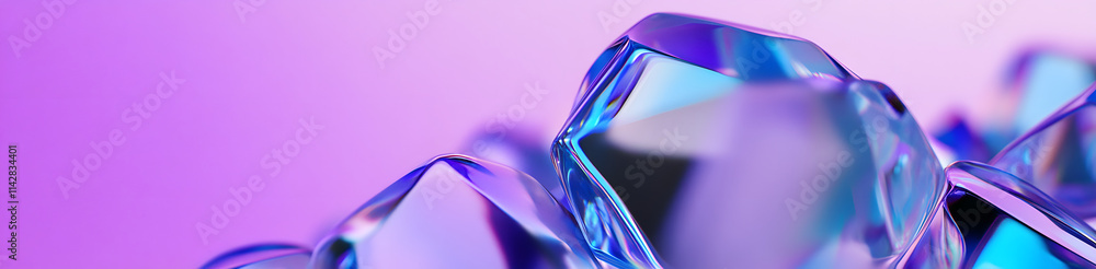 Poster glass pieces with colorful purple and blue hues create a shiny tech banner. futuristic 3d render wit