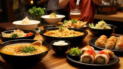 A lively scene of Eastern cuisine: bowls of ramen, trays of dim sum, and a variety of sushi rolls arranged for a shared dining experience