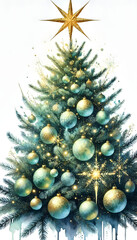 Mystical Christmas Tree with Ethereal Blue-Green Branches, Golden Ornaments, and an Elegant Star