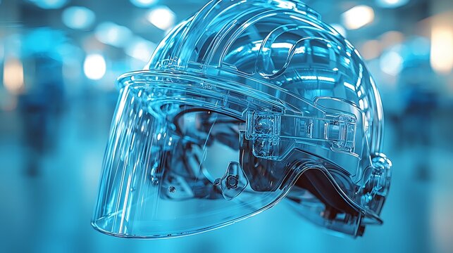 The glass transparent worker's helmet is in the air, a white plain background, there are barely noticeable building panoramic windows in background hi tech. 