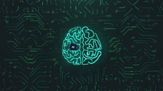 Human brain appearing on electronic circuit board. AI revolution with dataset and machine deep learning. 3D Render Animation. Artificial Intelligence.