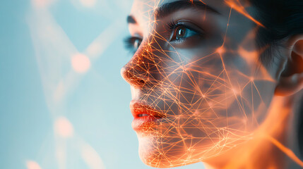 Woman in a Web of Innovation: A close-up portrait of a woman's face, overlaid with a captivating network of glowing lines,  evokes a sense of technological advancement,  connection.