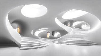Abstract White Architecture With Curved Staircases And Openings
