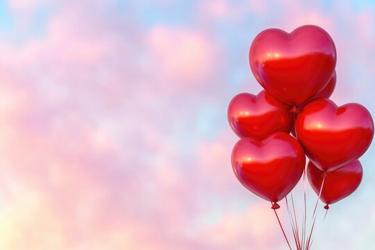 A bunch of red heart shaped balloons floating in the clear blue sky, perfect for romantic occasions or celebrations