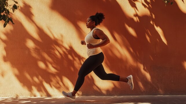 Plus size African American woman running at the city in a summer day. Overweight black female in sportswear training outdoor. photo