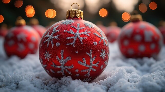 Close-up of a red decoration on snowy surface, suitable for winter-themed designs