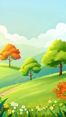 Idyllic rolling hills with vibrant trees and wildflowers under a bright sky.