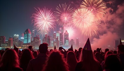 Obraz premium Gente en la calle celebrando el año nuevo 2026. Felicidad, noche, luces y fiesta