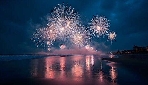 Celebraci&oacute;n del a&ntilde;o nuevo 2026. Escena de noche en la playa con fuegos artificiales. Felicidad, noche, luces y fiesta