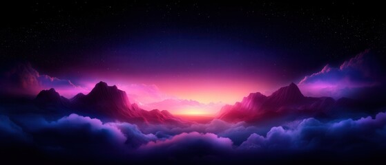 Fototapeta premium A stunning blend of vibrant purples and pinks fills the sky above dark, soft clouds, creating a surreal, dreamlike sunset landscape.