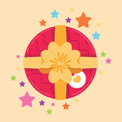 Round red gift box with golden bow and ribbon design Vector