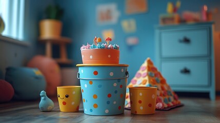 A birthday cake on top of a blue bucket, perfect for capturing the joy of celebrating another year