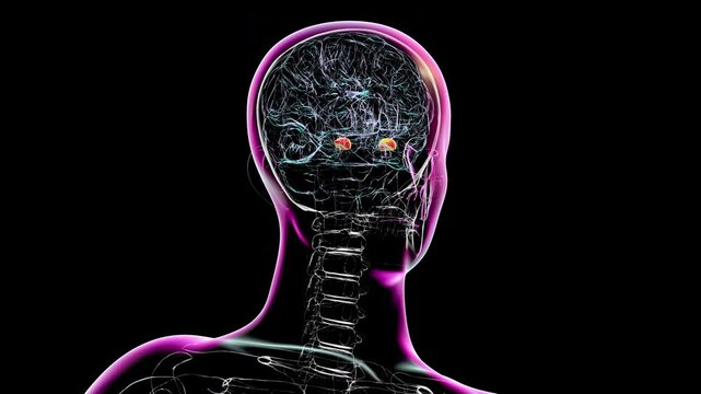 3D animation of a rotating brain highlighting the amygdala, responsible for emotion processing, fear response, and linked to anxiety, post-traumatic stress disorder, and depression.