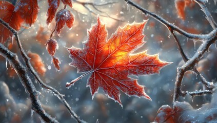 Vibrant Red Maple Leaf Glowing Amidst Frosty Winter Background with Glimmers of Light and Soft Colors in Nature's Quiet Beauty