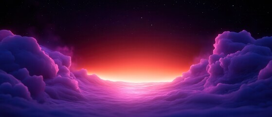 A stunning digital depiction of a vibrant sunset glowing between clouds, blending shades of purple and orange against a dark sky.