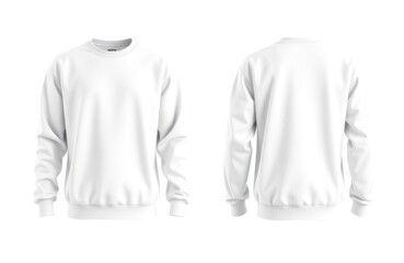 Blank white sweatshirt mockup isolated on white background. Front, back views. Casual wear template suitable for design presentations, apparel branding. Stylish trendy casual wear item. Ideal for