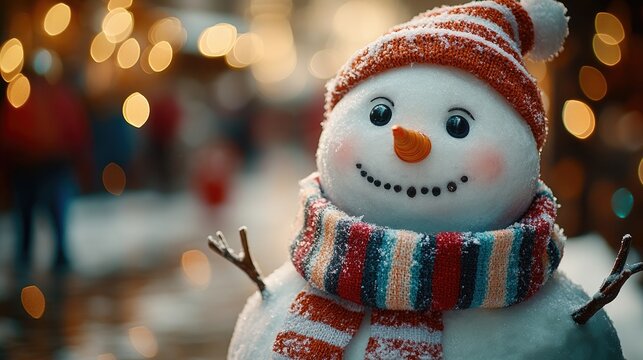 A close-up shot of a snowman dressed in winter attire, perfect for cold weather scenes or winter-themed designs