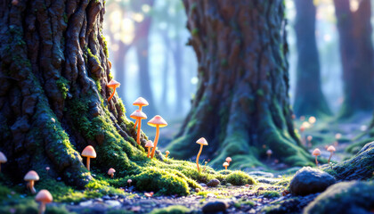 Obraz premium Small mushrooms growing on the rough bark of a tree, showcasing their delicate caps and earthy tones, surrounded by a natural woodland environment.