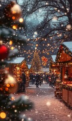 Obraz premium Festive Christmas market with decorated stalls, twinkling string lights, and a large illuminated tree, surrounded by snow and holiday shoppers.