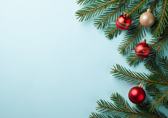 green fir branches winter holiday background christmas ornaments corner