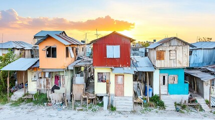 Slum urban inequality concept. Dilapidated houses with vibrant colors against a sunset backdrop.